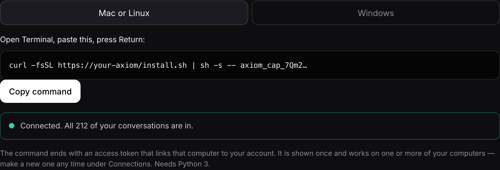 The connect screen with one command