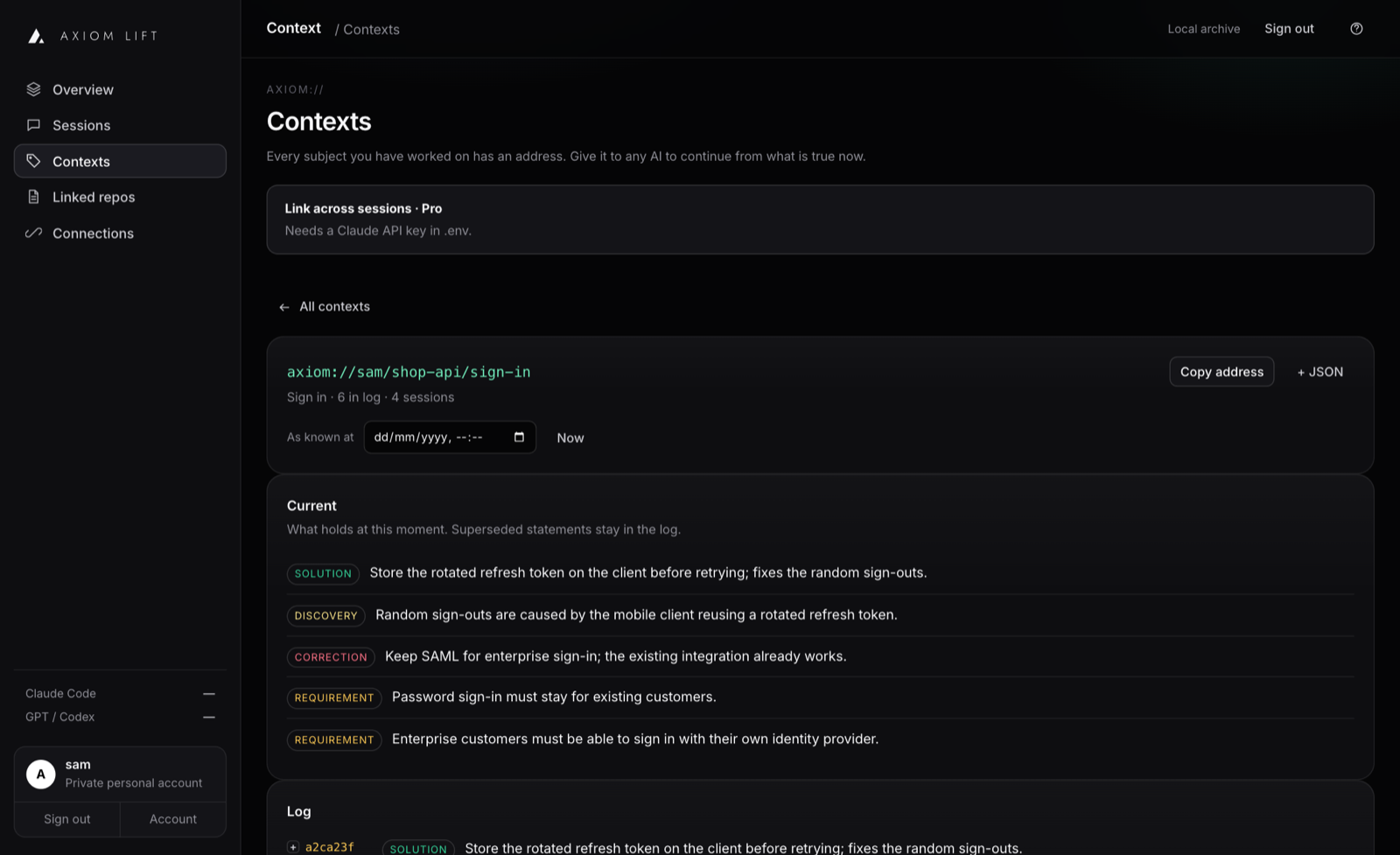 A context page showing current statements and a log with a superseded decision